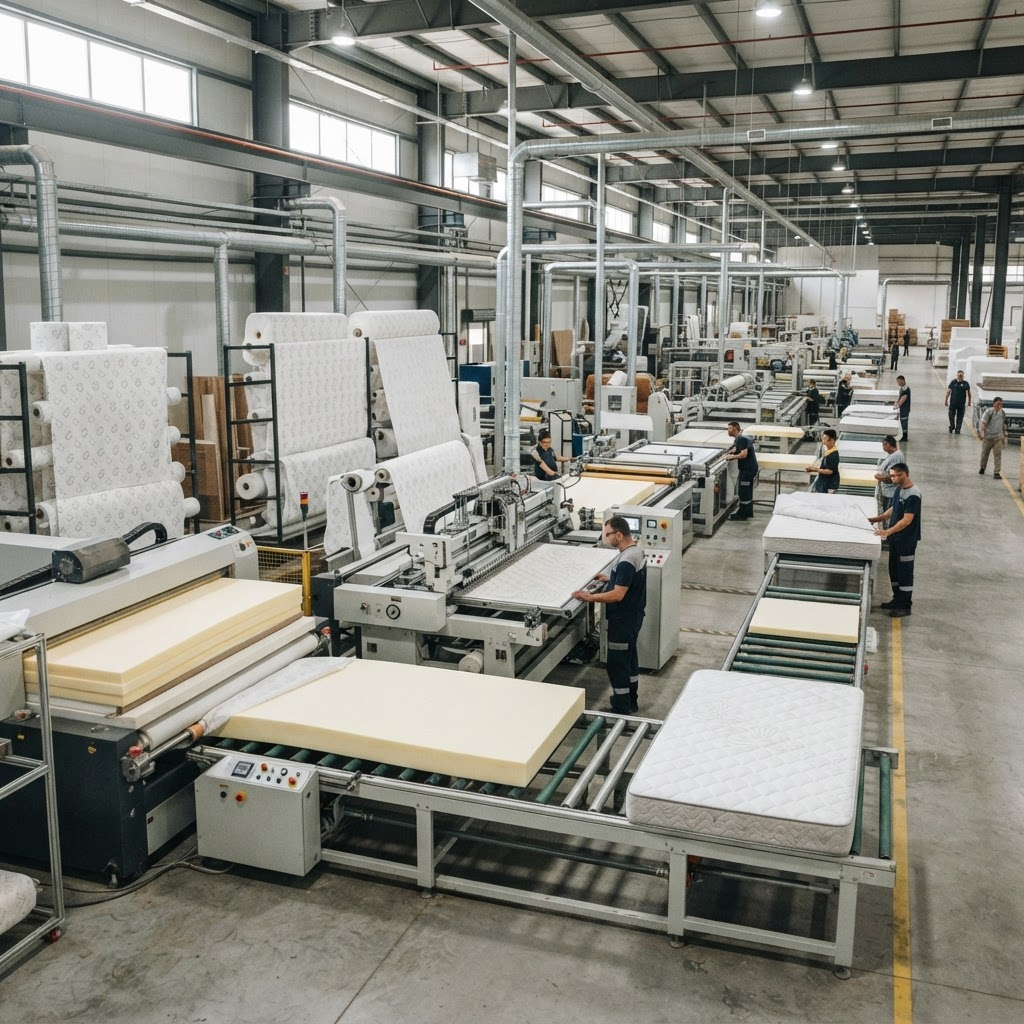 Boskim Talvex mattress manufacturing factory floor with production lines