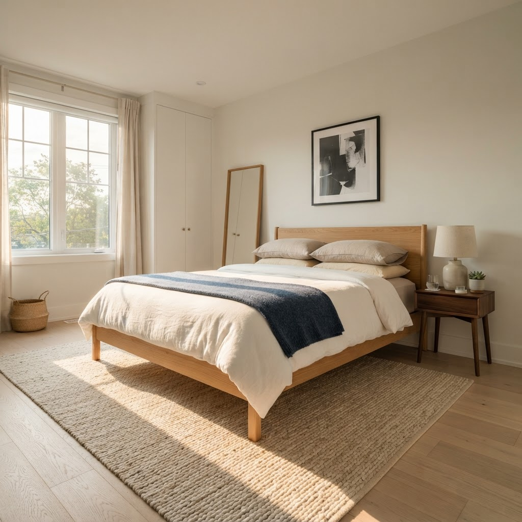 A bright bedroom featuring a Boskim Talvex mattress on a wood bed frame